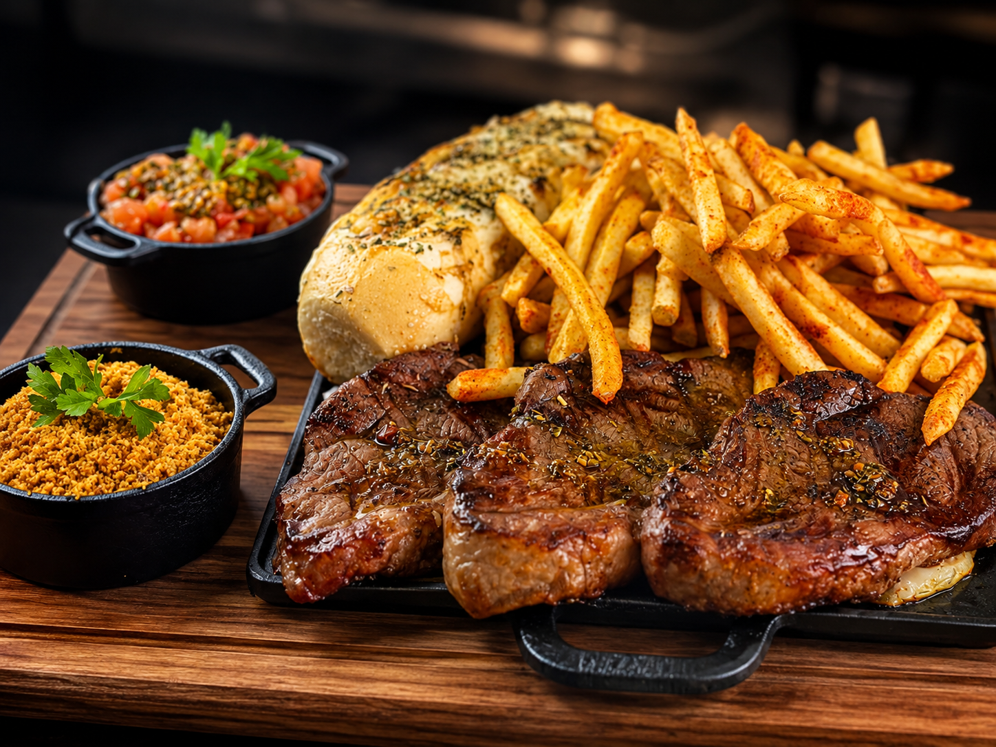 Tábua com carnes na chapa, pão de alho, fritas e acompanhamentos