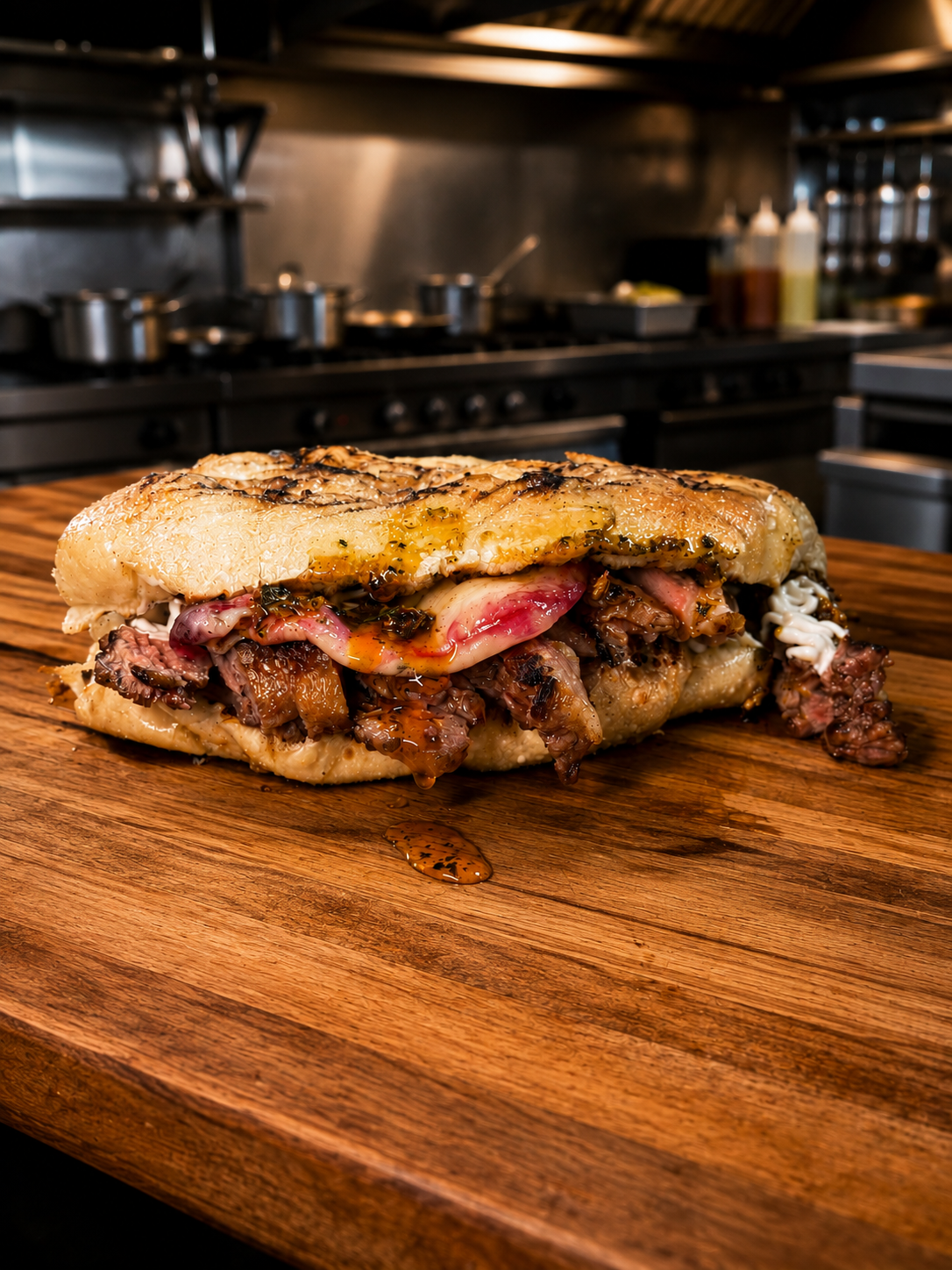 Sanduíche de carne na parrilla com queijo derretido servido em tábua de madeira