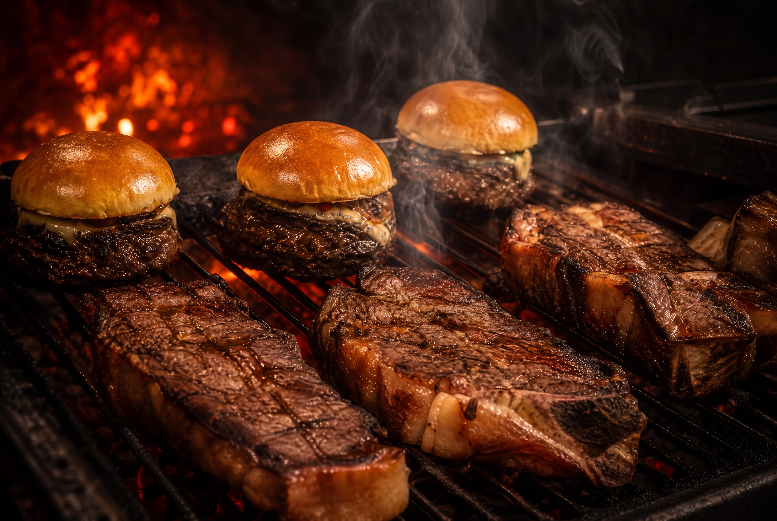 Hambúrguer artesanal grelhado na parrilla com brasas acesas no Don Parrilla, em Jardim Camburi